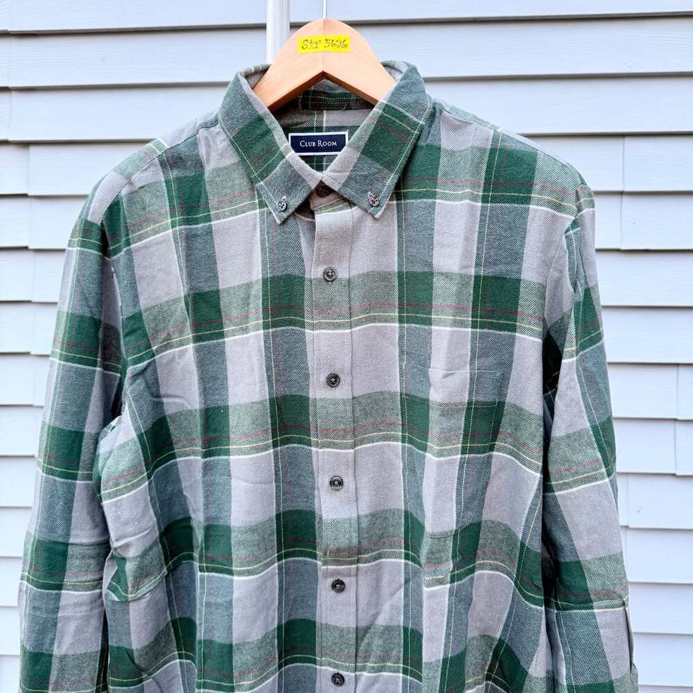 Club Room Plaid Flannel Shirt Green Gray Long Sleeve Button-Down Size L
